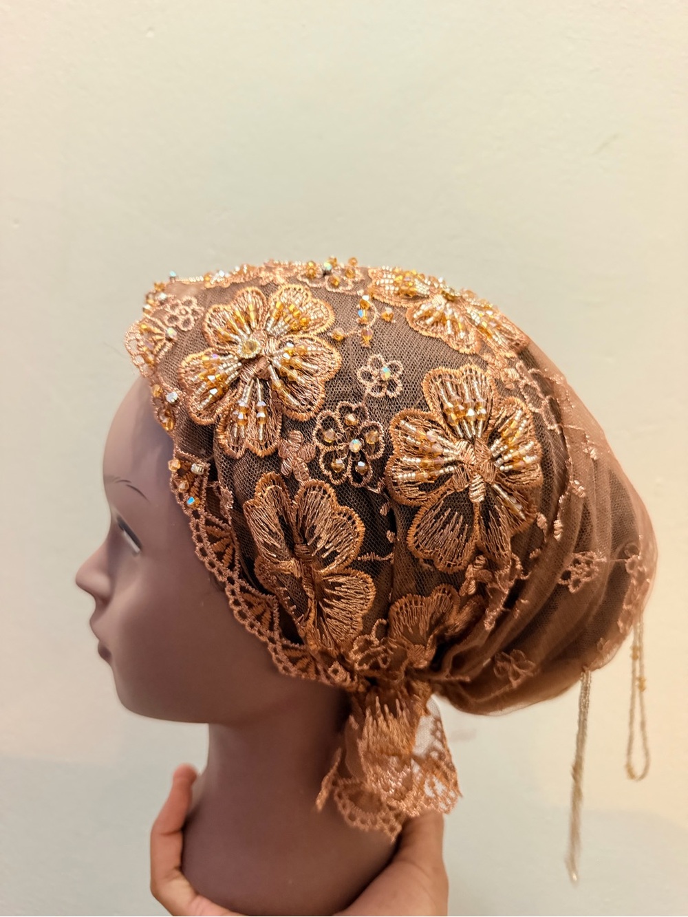 Embellished Floral Lace Headscarf - Brown